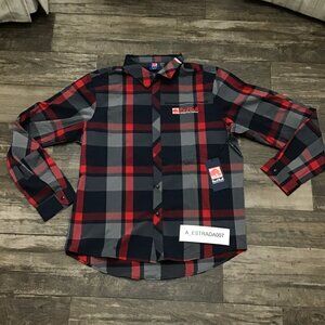 Red Bull Distribution Shirt XL Plaid Snap Down Red Gray Long Sleeve Men's NWT